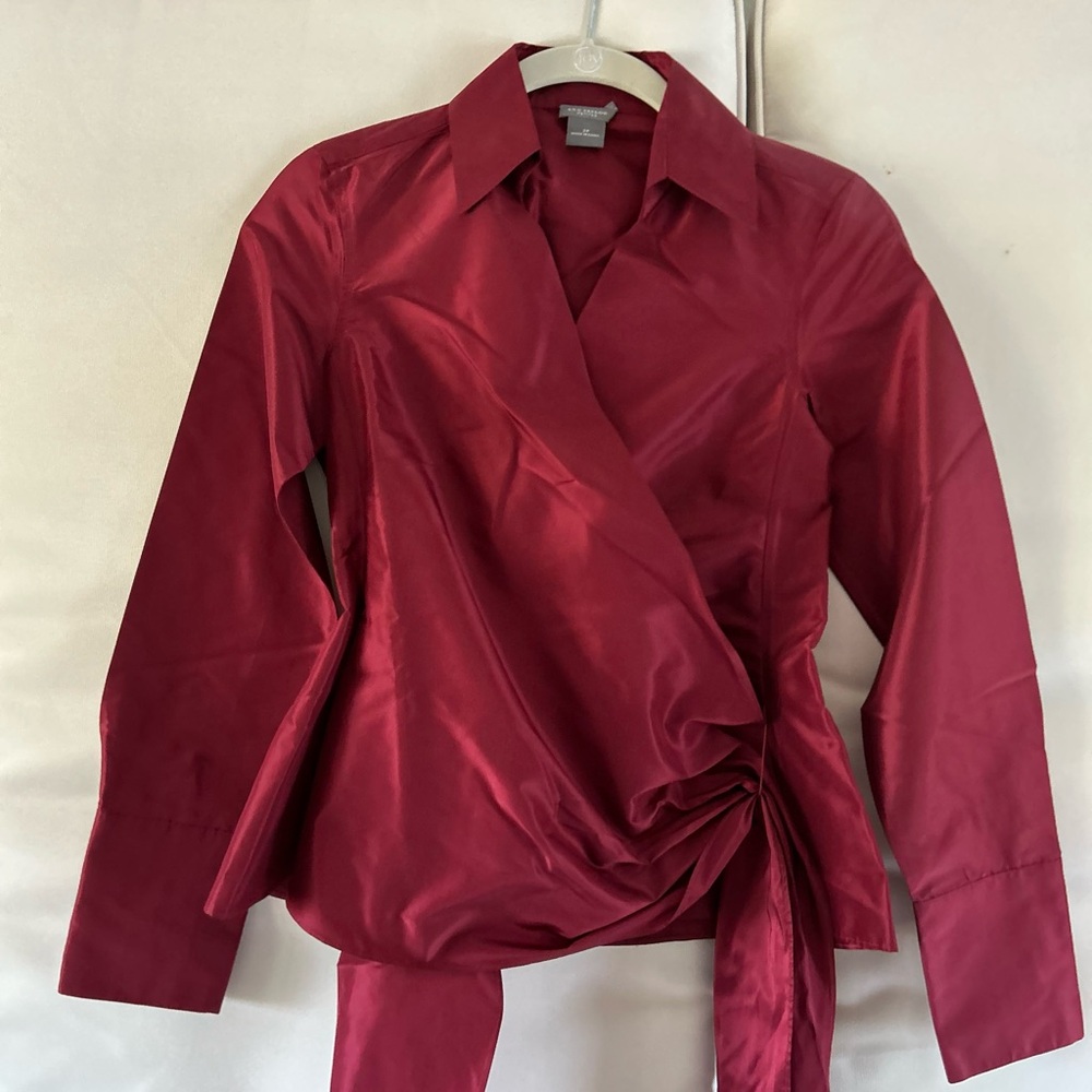 Ann Taylor Red Satin Wrap Blouse